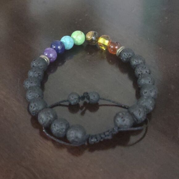 Women's Grounding Lava Rock with Chakra Beads Adjustable Slider Bracelet - Picture 3 of 6